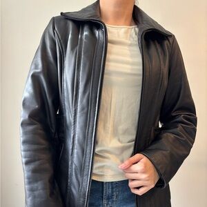 Black Grunge Leather Streetwear Skater Egirl Midi Zip Up Leather Jacket - Small